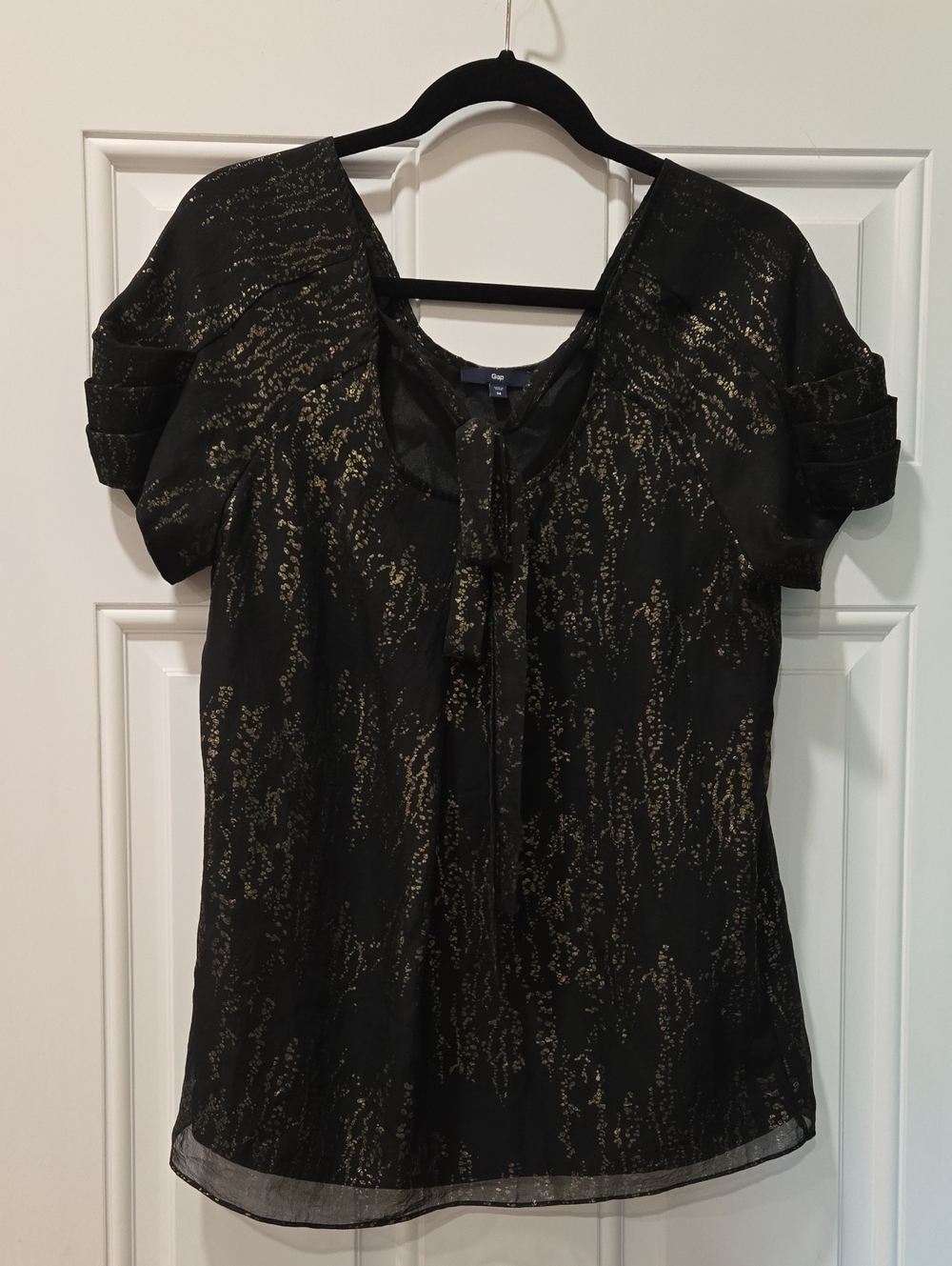 GAP Black Blouse with Gold Foil Tie-Neck